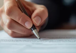 Mão segurando caneta assinando contrato, representando análise e formalização de empréstimo e acordo financeiro