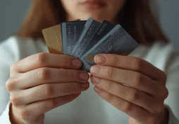 Pessoa segurando vários cartões de crédito, representando comparação entre bancos digitais e tradicionais na aprovação de empréstimos