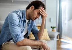 Homem preocupado após cartão de crédito ser bloqueado por atraso no empréstimo