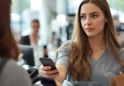 Mulher usando celular para pagamento via PIX