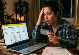 Mulher surpresa segurando cartão de crédito enquanto analisa gastos no notebook, representando descontrole financeiro e uso excessivo do cartão
