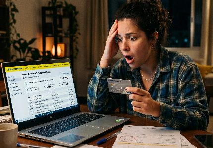 Mulher surpresa segurando cartão de crédito enquanto analisa gastos no notebook, representando descontrole financeiro e uso excessivo do cartão