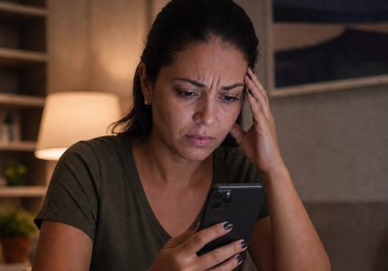 Mulher preocupada olhando compras parceladas no celular, representando controle financeiro e uso excessivo do cartão de crédito