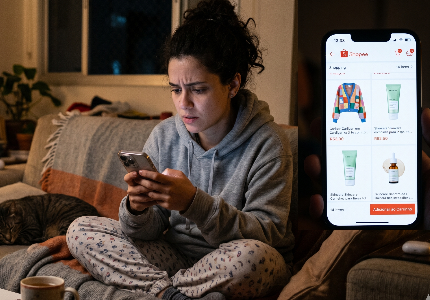 Pessoa fazendo compras no celular para aliviar ansiedade e emoções ligadas ao consumo