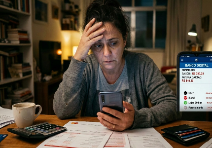 Pessoa preocupada olhando gastos e juros no celular, representando maus hábitos financeiros e uso excessivo de crédito