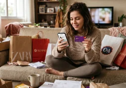 Pessoa usando cartão de crédito no celular e realizando compras impulsivas sem perceber os gastos